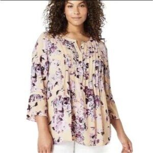 J JILL Womens Small Floral Pintuck Front Tunic Top 3/4 Sleeve Blouse Shirt